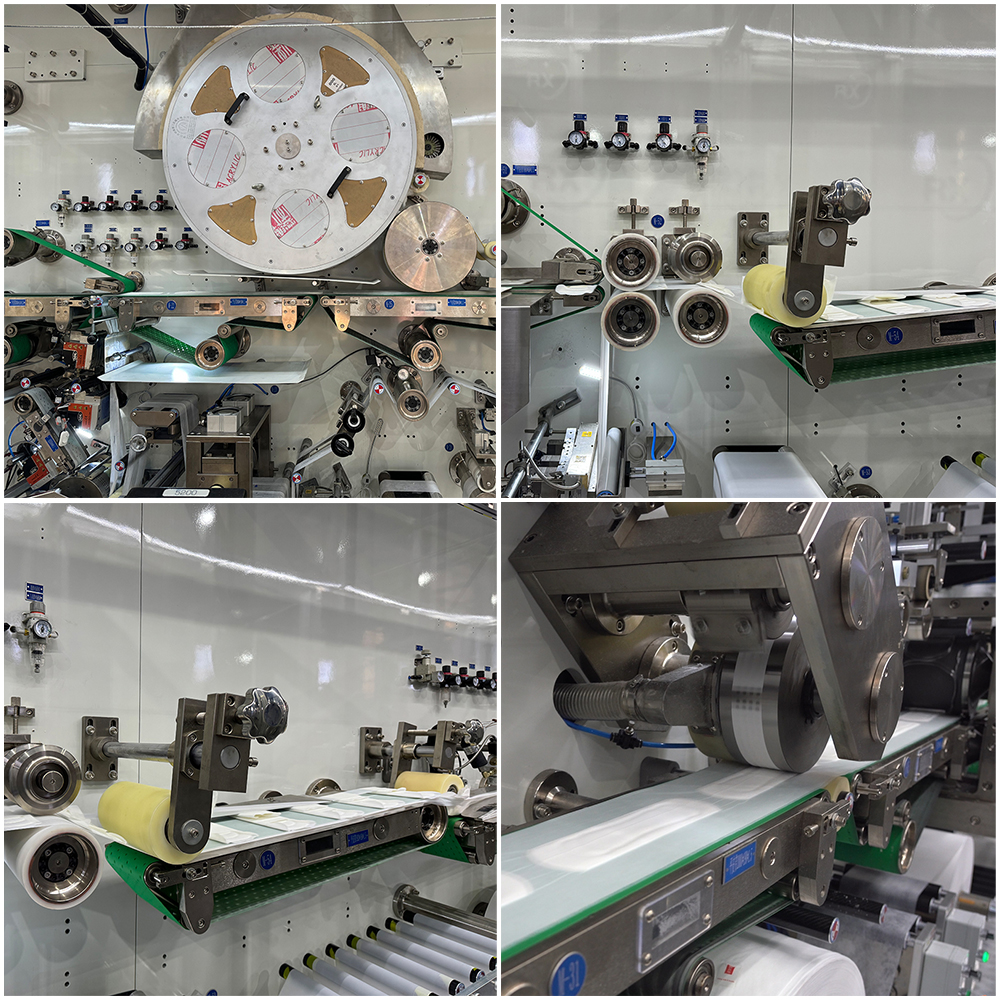 Combined details of full servo sanitary pad making machine, including servo, forming, glue, and packing sections